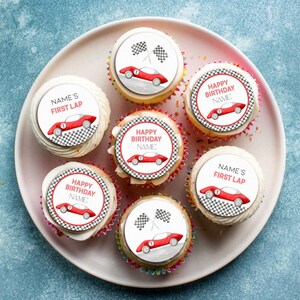 Edible ‘First Lap’ Race Car Cupcake Toppers | Personalised | Pre-cut Icing Sheet | 15 x 5cm Circles
