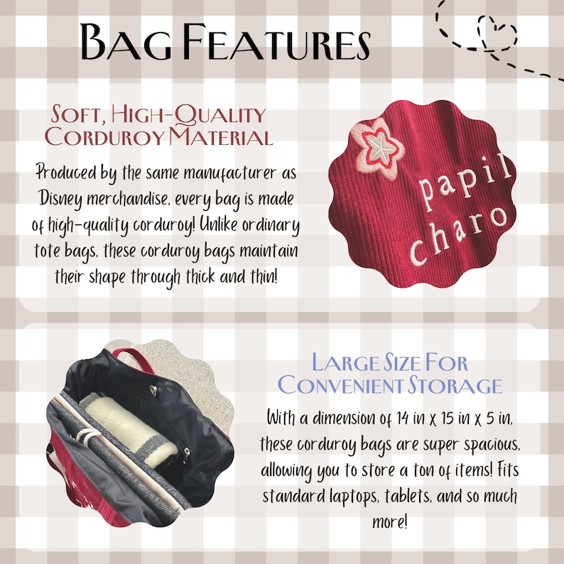 Pode incluir: Uma bolsa tote de veludo cotel&ecirc; vermelha com o texto "papil Charo" bordado nela. A bolsa &eacute; grande e espa&ccedil;osa, com uma dimens&atilde;o de 35,5 cm por 38 cm por 12,5 cm. A bolsa &eacute; feita de veludo cotel&ecirc; de alta qualidade e &eacute; perfeita para guardar laptops, tablets e outros itens.
