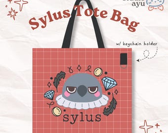 May include: A red tote bag with a grid pattern, black handles, and a keychain holder. The front features a graphic of a grey bird character with pink cheeks, surrounded by diamonds, feathers, and coins, with the text "Sylus" below it.