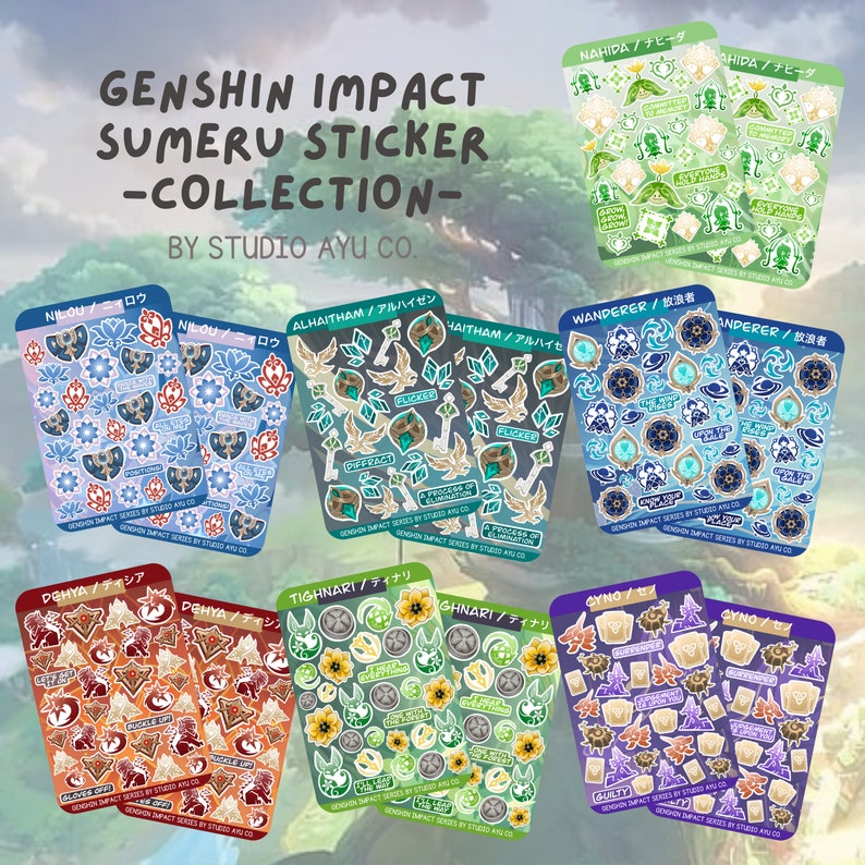 May include: A collection of Genshin Impact Sumeru sticker sheets featuring various characters from the game. The stickers are colourful and feature a variety of designs, including character portraits, weapons, and symbols. The sticker sheets are labelled with the character's name in both English and Japanese.