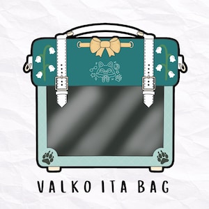 Puede incluir: Un bolso ita de color verde azulado y azul claro con una ventana transparente, correas blancas con hebillas, un lazo beige e ilustraciones de lirios de los valles. El bolso incluye un gráfico central de un zorro y huellas. Texto: VALKO ITA BAG.