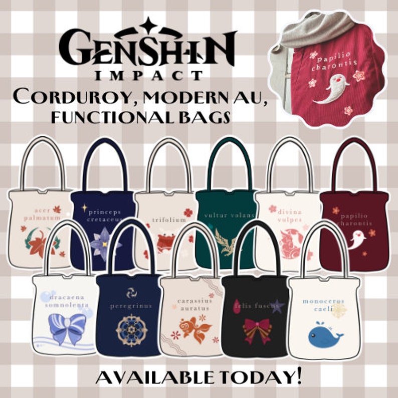 Pode incluir: Dez sacolas de m&atilde;o coloridas com diferentes designs de personagens de Genshin Impact. As sacolas s&atilde;o feitas de veludo cotel&ecirc; e apresentam uma variedade de personagens, incluindo uma borboleta, um peixe, um sapo e um p&aacute;ssaro. As sacolas est&atilde;o dispon&iacute;veis hoje.