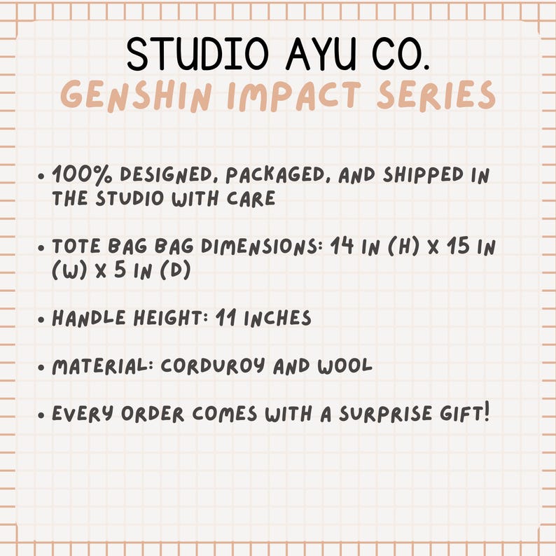 Pode incluir: Um gr&aacute;fico branco e rosa em um fundo quadriculado com o texto "STUDIO AYU CO. GENSHIN IMPACT SERIES". O gr&aacute;fico lista detalhes sobre uma bolsa tote, incluindo dimens&otilde;es, material e um presente surpresa.