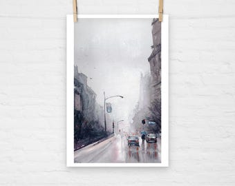 ニューヨークの街並みの水彩画：雨のパークアベニューのプリント