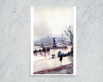 Bethesda Fountain Watercolor Print: Central Park Rain Painting