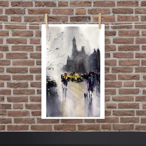 Rain on UWS Painting, Seen on #LinkNYC, #ArtonLink,  New York City Poster, New York City Watercolor Painting, Manhattan urban painting