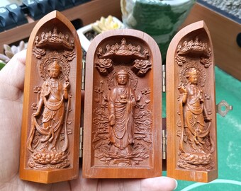 Wood Retro Buddha Statue Sculpture Pure Wood Carving 3 Open Folding Buddha Statue Home Decoration Accessories Wood Buddha Craft Folding Box