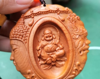Natural Wood Hand Carved Maitreya Buddha pendant Crafts for Home Altar Zen Decoration Gift Amitabha Bodhisattva Bodhisattva buddha prayer
