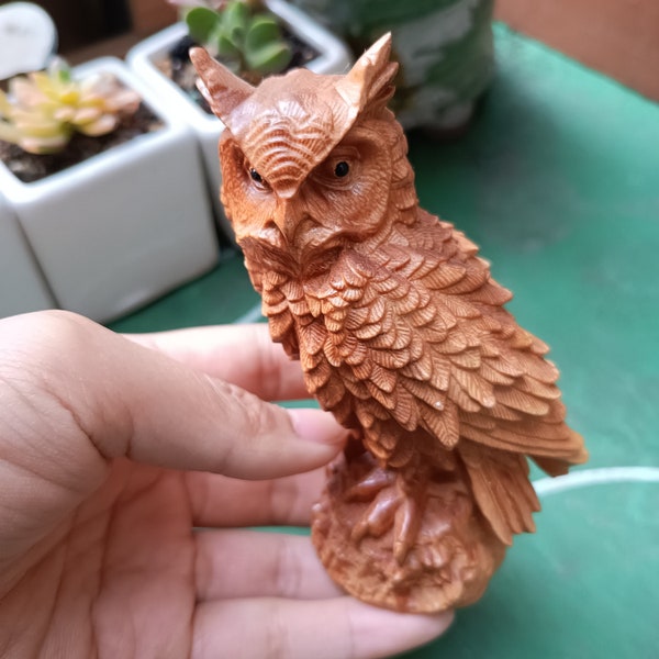 Natural wood carving cute owl, imitation real wood carving owl animal ornaments, home desktop decorations