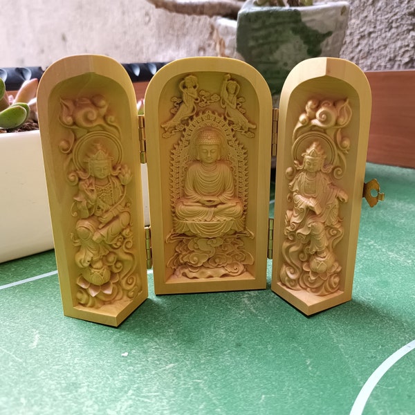 Buddha Statue Sculpture Pure Wood Carving 3 Open Folding Buddha Statue Home Decoration Accessories Wood Buddha Craft Folding Box Wood buddha