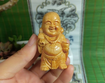 Natural Wood Hand Carved Mini Happy Buddha statue Crafts for Home Zen Decoration Housewarming Gift Amitabha Bodhisattva Bodhisattva buddha