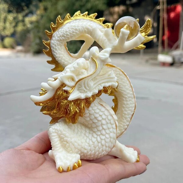 Natural tagua nut carved gold plated white dragon statue, imitation animal nut statue ornament, Living Room indoor wealth dragon sculpture