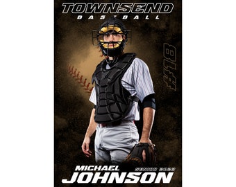 May include: A baseball player wearing a catcher's gear and a striped jersey. The player is standing on a dark background with a baseball and stitching in the background. The text "TOWNSEND BASEBALL" is at the top of the image. The text "#81" is on the right side of the image. The text "MICHAEL JOHNSON SENIOR 2023" is at the bottom of the image.