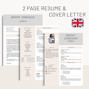 Plantilla de CV en inglés para Word | CV de 2 páginas con carta de motivación de portada | Descarga instantánea | Fácil de usar