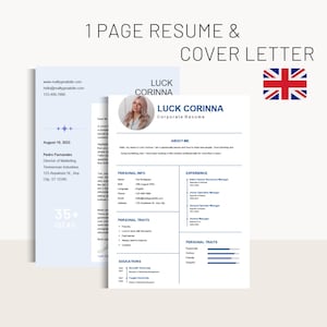 Plantilla de CV Corporativo de 1-página en Inglés con Carta de Presentación |  Word | Descarga Instantánea sin Descargar Fuentes extra