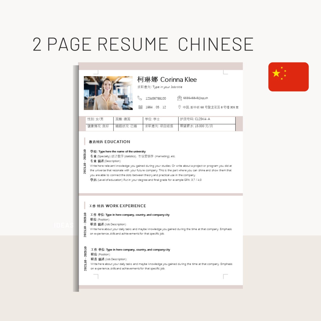 Chinese Resume Template for Word 2page CV With Explanations Etsy