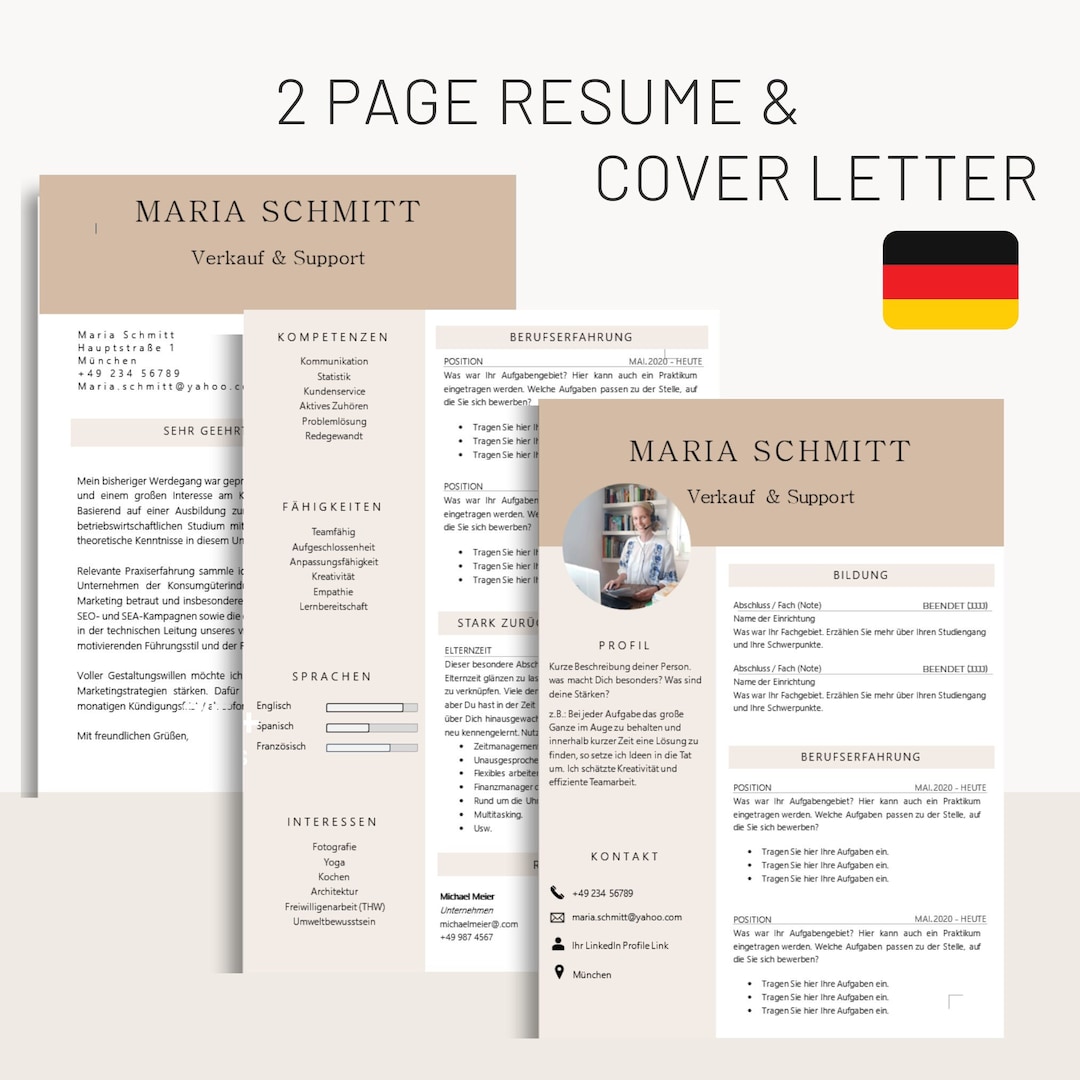 German Two-page Resume CV Template With Cover Letter for Word With a ...