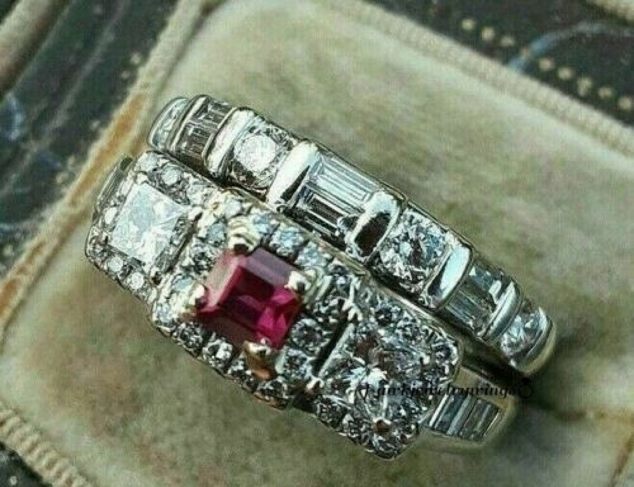 2Ct Princess Cut Pink Ruby Art Deco Ring Set, Engagement Ring Set, Wedding Diamond Ring Set, Gemstone Ring, 14K White Gold Over Gift For Her