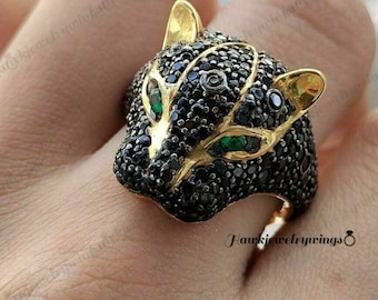 2Ct  Panther Animal Tiger Leopard Jaguar Ring , Panther Animal Tiger Leopard Jaguar Crystal Women's  lion head ring, 14k yellow Gold Finish
