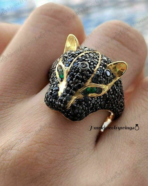 2Ct Panther Animal Tiger Leopard Jaguar Ring Panther Animal Tiger Leopard  Jaguar Crystal Women's lion head ring, 14k yellow Gold Finish