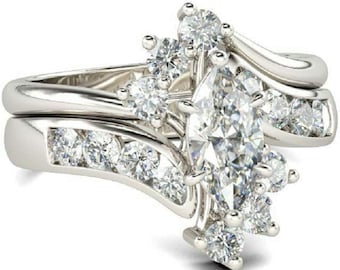 925 Sterling Silver 1Ct Marquise Cut Diamond Engagement Cluster Wedding Bridal Ring Set for Womens 14K White Gold Plated 925 Sterling Silver