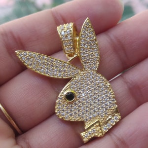 14K Yellow Gold Over 925 Sterling Silver Round Diamond Play boy Bunny Pendant Necklace, Rabbit Charm Pendant, Pet Lover, Animal Jewelry Gift