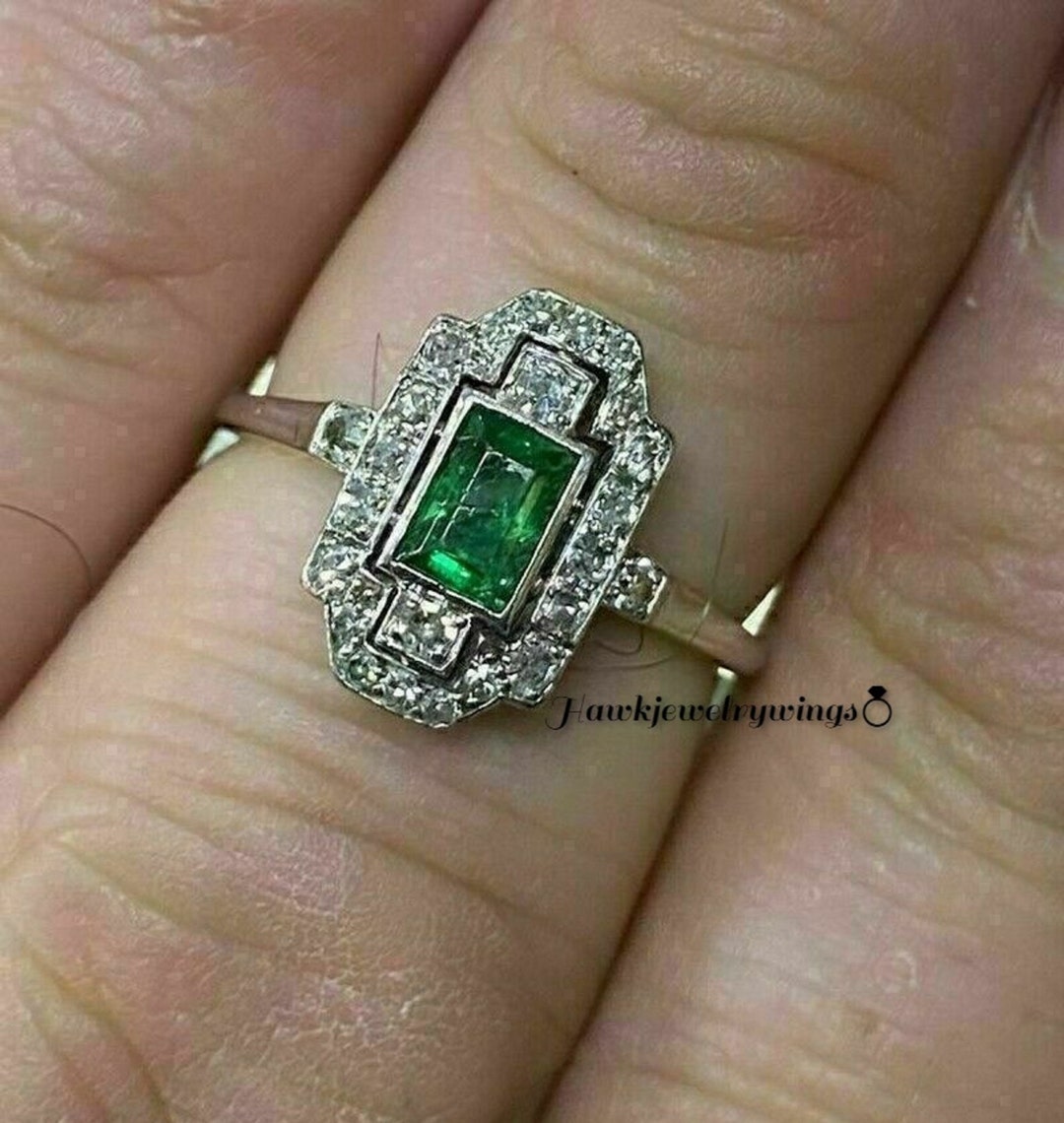 Art Deco 2ct Green Emerald &amp; Diamond - Art Deco Engagement Wedding Ring ...