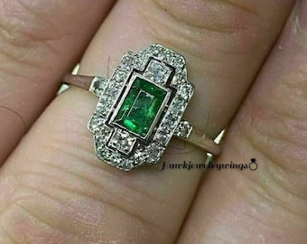 Art Deco 2Ct Green Emerald & Diamond - Art Deco Engagement Wedding Ring - Women's Anniversary Gift Ring - 14K White Gold Over/Anniversary