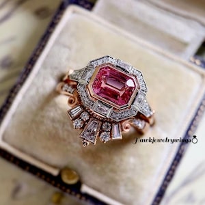 3Ct Emerald Cut Tourmaline  engagement ring Rose gold FN ring, diamond halo ring women, art deco ring, unique anniversary ring , bridal ring