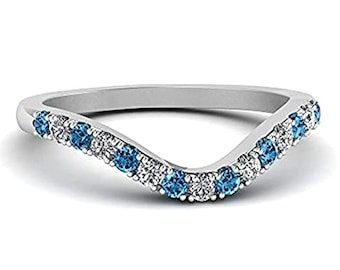 0.20Ct Round Cut Blue Topaz 14k White Gold Finish 925 Sterling Silver Curved Engagement Wedding Band Ring For Women & Girls