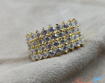 Four Row Cluster Diamond Statement Ring, 14K Yellow Gold Plated Wedding Band, Wide Sparkling Diamond Ring for Women, Anniversary Gift