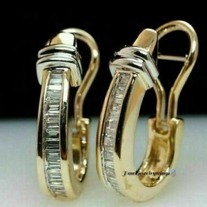 2.50CTW Baguette Diamond Huggie Earrings 14K Yellow Gold Over Hoop Earrings Diamond Wedding Women's Earrings