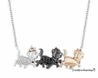 1Ct Round  Black & White Diamond Cute Aristocats Necklace Charm Pendant Necklace 14K Three-Tone Gold Plated 925 Sterling Silver Cat Pendant