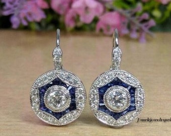 2Ct White And Sapphire Round & Baguette Cut Diamond Earring, Lever Back Earring, Wedding Engagement Earring, Art Deco 14k White Gold Finish