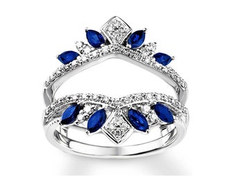 2Ct  Marquise Cut Lab Created  Blue Sapphire & Diamond Engagement Enhancer Wrap Wedding Band Ring Guard 14k White Gold Plated