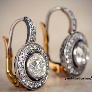 Pendientes Art Déco antiguos vintage, pendientes florales con cierre de palanca, pendientes antiguos de oro bicolor de 14 k con diamantes blancos redondos, década de 1920