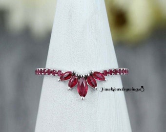 2Ct Marquise & Round Cut Red Ruby Gemstone Chevron Ring/14k White Gold FN/Perfect Valentine&#39;s Day Gift For Her/Curved Wedding Band Ring