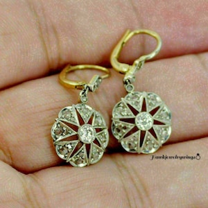 2Ct Round Diamond Antique Vintage Art Deco Earrings, Floral lever Back Earrings, Antique  Edwardian 14K Yellow Gold Over Earrings 1920's