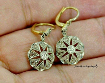 2Ct Round Diamond Antique Vintage Art Deco Earrings, Floral lever Back Earrings, Antique  Edwardian 14K Yellow Gold Over Earrings 1920&#39;s