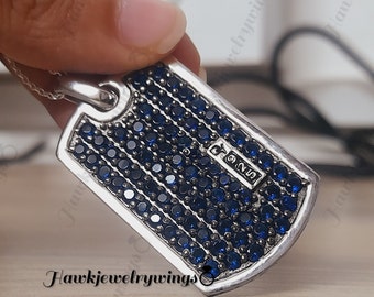 Men&#39;s 2CT Round Cut Blue Sapphire Dog Tag Pendant, Pendant Necklace, 14K White Gold FN Necklace, Personalized Gift, Dog Tag Diamond Pendant