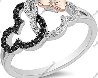 Hawkjewelrywings 14K White Gold Plated 925 Sterling Sliver Round Cut D/VVS1 Diamond Mickey Mouse Engagement Wedding Ring for Women's