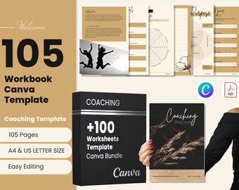 105 Coaching Workbook Template, Coaching Worksheet Template Canva, Workbook Journal Canva Template, Worksheet Bundle