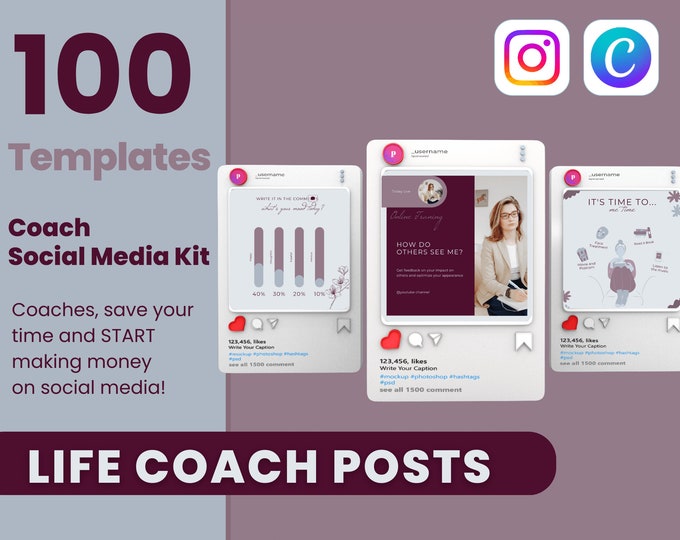 100 Life Coach Instagram CANVA Templates, Coaching Template, Post-Design, Social media Design, social Media Post