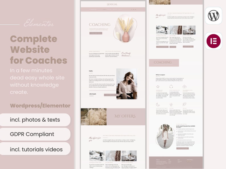 Website Template, Website Theme, wordpress Template, Wordpresss Theme, Coaching Website, Feminine Wordpress, Wordpress Website, Wordpress Design, Website Design, Web Design, Modern Website, wordpress coaching, elementor template,