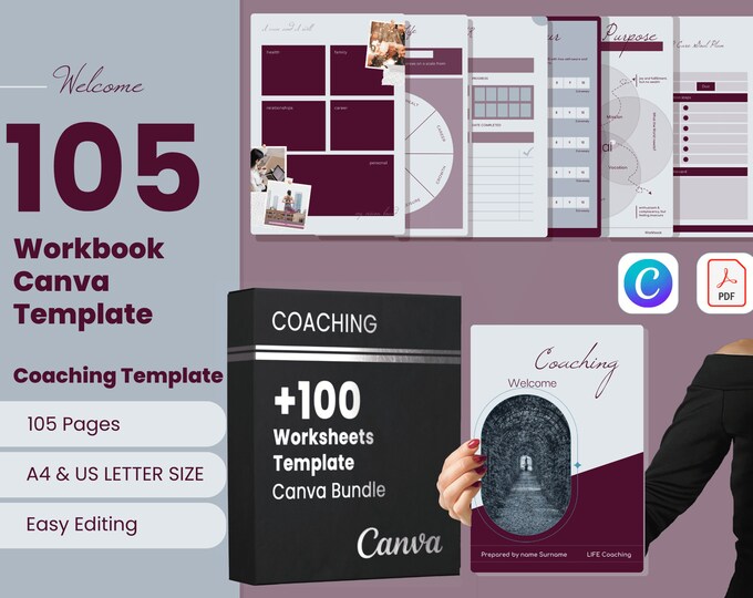 105 Coaching Workbook Template, Coaching Worksheet Template Canva, Workbook Journal Canva Template, Worksheet Bundle