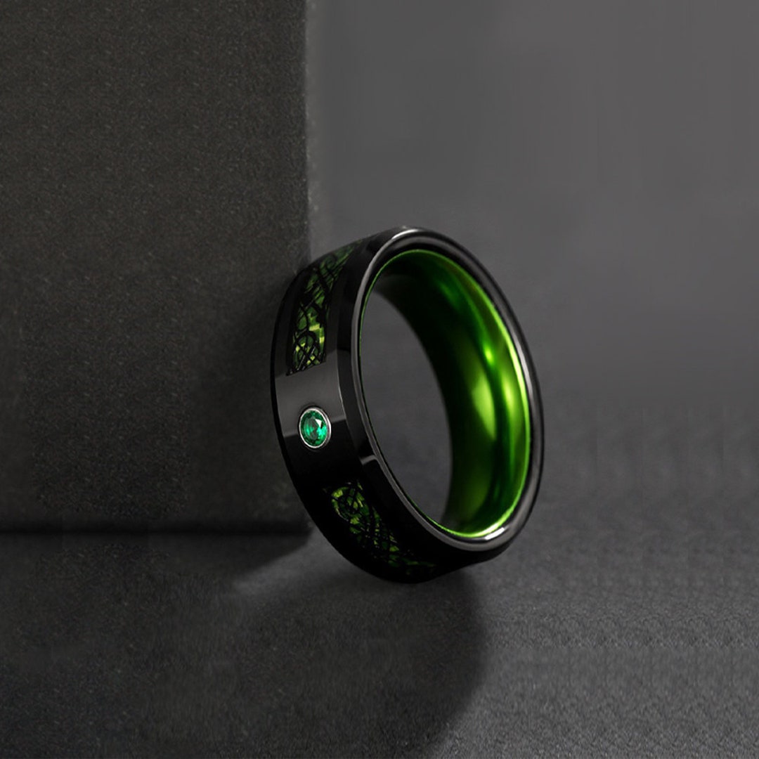 Tungsten Wedding Ring, Mens Dragon Ring, Wedding Band, Tungsten Band With Carbon Fiber Zircon