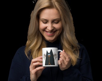Taza de gato ángel guardián, taza de café conmemorativa de mascotas, taza de gato gatito negro, regalo de simpatía para los amantes de los gatos, taza de arte de gato divertido abstracto