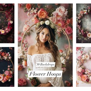 May include: A collection of 30 digital backdrops featuring flower hoops. The backdrops are ideal for photographers and crafters. The backdrops feature a variety of floral arrangements, including roses, peonies, and lilies. The backdrops are available in a variety of colours, including pink, red, and white.