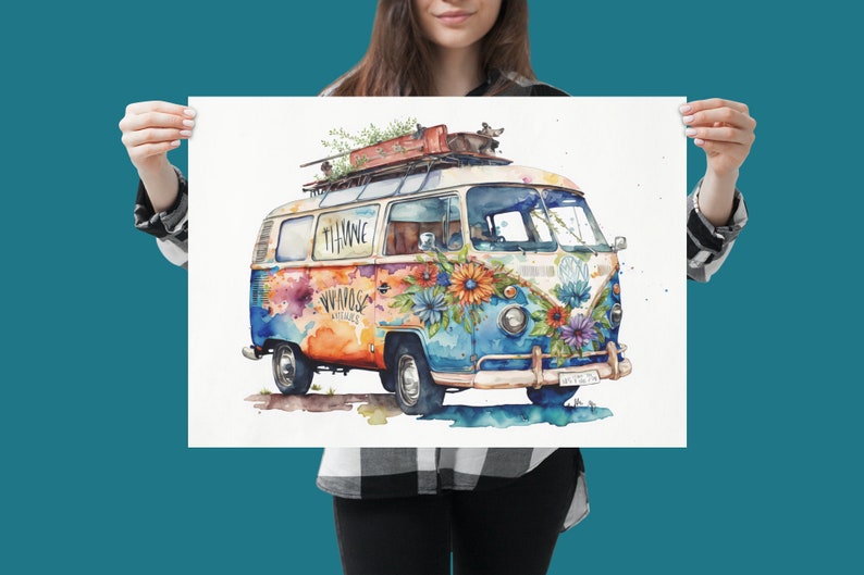 Hippie Van Vanlife Watercolor Wall Art Original Artwork Etsy