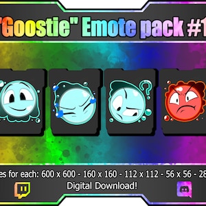 May include: A digital download pack of four animated emotes featuring a blue goo-like character with different expressions. The emotes are available in five sizes: 600 x 600, 160 x 160, 112 x 112, 56 x 56, and 28 x 28 pixels. The text "Goostie" Emote pack #1" is at the top of the image.